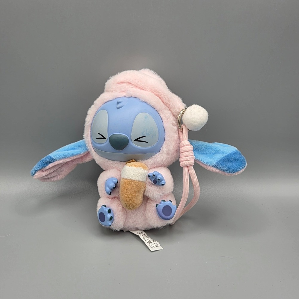 Disney Miniso Stitch Plush Vinyl Face Keychain Pink Pajamas Ice Cream Charm